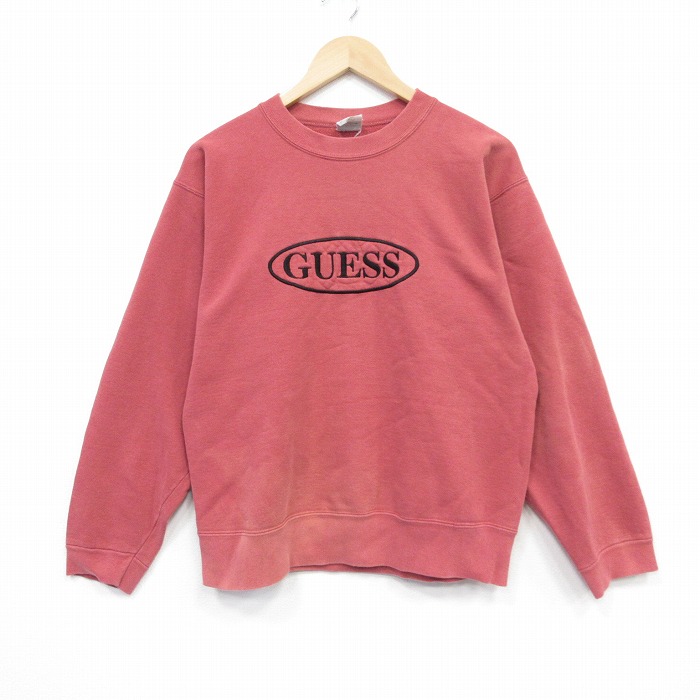 M★古着 ゲス GUESS 長袖 ブランド スウェット メンズ 90年代 90s ビッグロゴ 刺繍 クルーネック USA製 薄エンジ 25nov01 中古 スエット トレーナー トップス