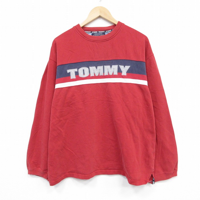 XL★古着 トミーフィルフィガー 長袖 ブランド スウェット メンズ 90年代 90s ビッグロゴ 刺繍 クルーネック 赤 レッド 25nov01 中古 スエット トレーナー トップス