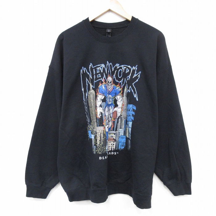 XL★古着 長袖 スウェット メンズ スケルトン 大きいサイズ クルーネック 黒 ブラック 25nov05 中古 スエット トレーナー トップス