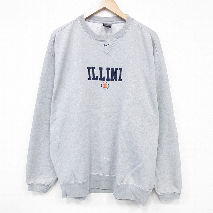 XL★古着 ナイキ NIKE 長袖 スウェット メンズ 00年代 00s ILLINI 大きいサイズ クルーネック グレー 霜降り 25nov05 中古 スエット トレーナー トップス