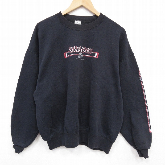 XL★古着 長袖 スウェット メンズ 90年代 90s ミリタリー USマリーン 大きいサイズ クルーネック USA製 黒 ブラック 25nov05 中古 スエット トレーナー トップス