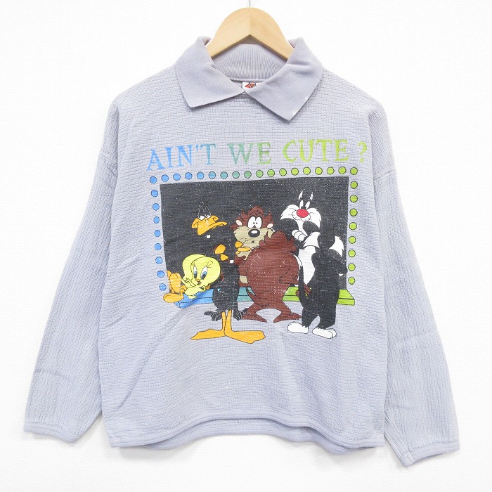 L★古着 長袖 トップス メンズ 90年代 90s ルーニーテューンズ LOONEY TUNES タズ コットン 襟付き グレー 【spe】 25nov05 中古 スエット トレーナー