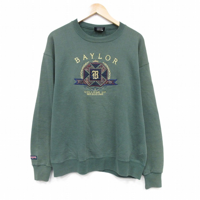 L★古着 ジャンスポーツ 長袖 スウェット メンズ 90年代 90s BAYLOR 刺繍 クルーネック USA製 緑 25nov13