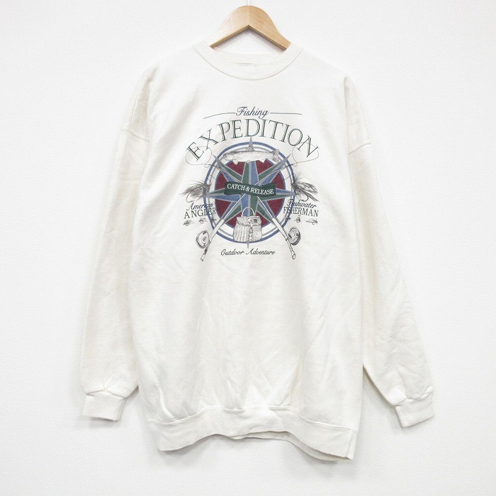 XL★古着 長袖 スウェット メンズ 90年代 90s フィッシング ルアー 大きいサイズ クルーネック USA製 白【spe】 25nov13