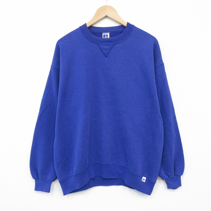 L★古着 ラッセル 長袖 スウェット メンズ 90年代 90s 無地 クルーネック USA製 青 ブルー 25nov05 中古 スエット トレーナー トップス