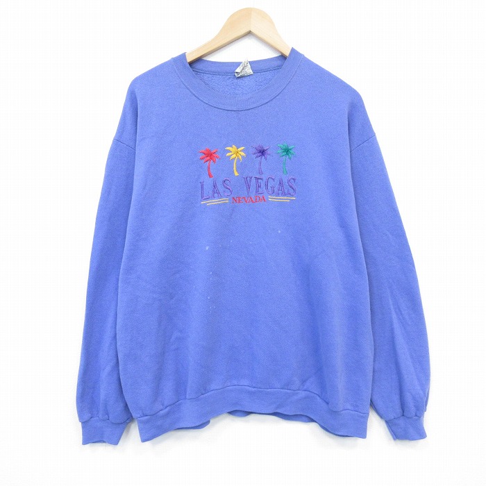 XL★古着 長袖 スウェット メンズ 90年代 90s ラスベガス 刺繍 大きいサイズ クルーネック 薄紫 パープル 25nov05 中古 スエット トレーナー トップス