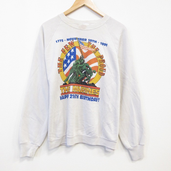 L★古着 ジャージーズ 長袖 スウェット メンズ 90年代 90s ミリタリー マリーン クルーネック USA製 薄ベージュ 25nov12