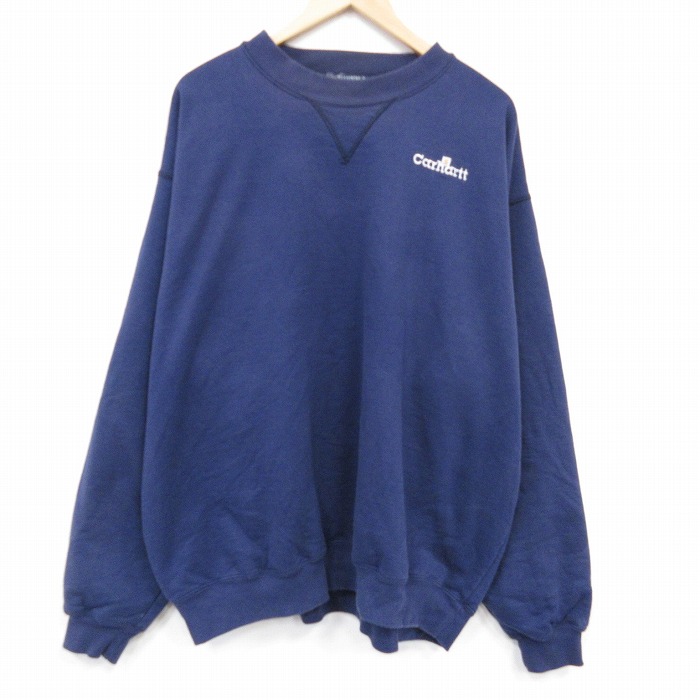 XL★古着 カーハート 長袖 スウェット メンズ 00年代 00s ワンポイントロゴ 大きいサイズ クルーネック 紺 25nov12
