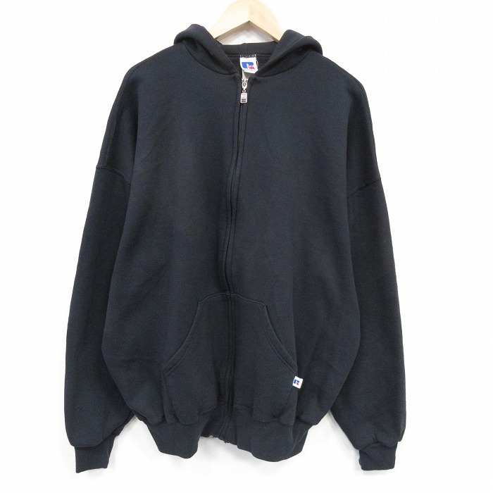 XL★古着 ラッセル 長袖 フルジップ スウェット パーカー メンズ 00年代 00s 無地 大きいサイズ 黒 25nov12