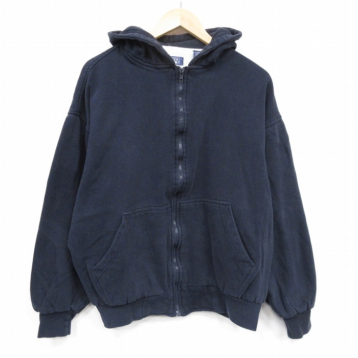 XL★古着 長袖 フルジップ スウェット パーカー メンズ 00年代 00s 無地 紺 内側サーマル 25nov12