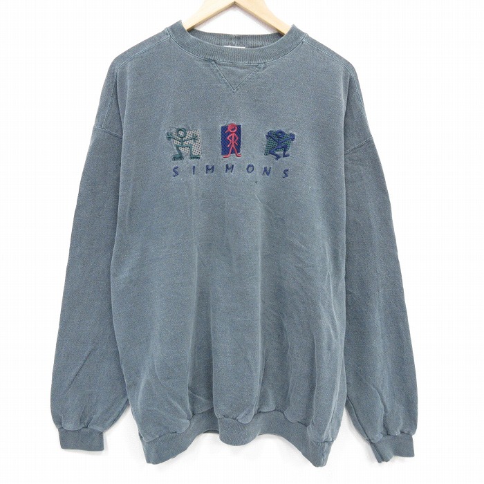 XL★古着 長袖 スウェット メンズ 00年代 00s SIMMONS 刺繍 コットン クルーネック 濃緑 霜降り 25nov12