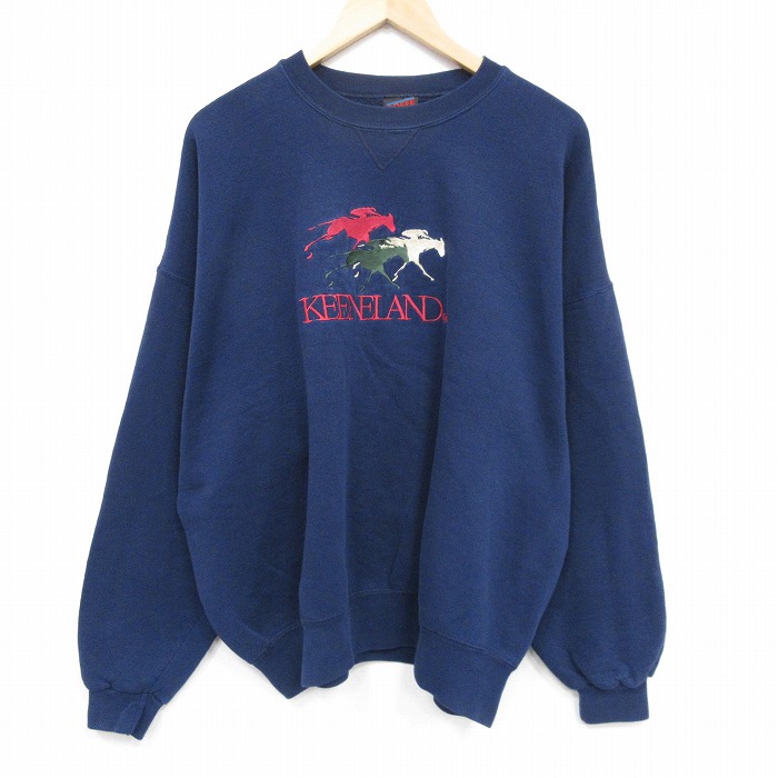 90s 長袖スウェット 競馬刺繍 ネイビー XL | 古着