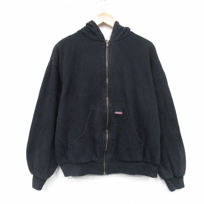 L★古着 長袖 フルジップ スウェット パーカー メンズ 黒 内側サーマル 25nov12