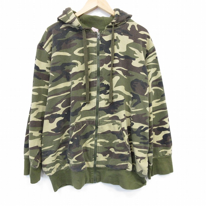 XL★古着 長袖 フルジップ スウェット パーカー メンズ 大きいサイズ 緑他 迷彩 25nov14