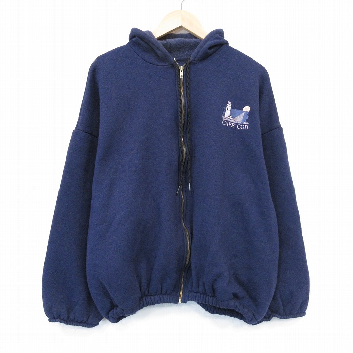 XL★古着 長袖 フルジップ スウェット パーカー メンズ 90年代 90s ケープコッド 大きいサイズ USA製 紺 25nov14