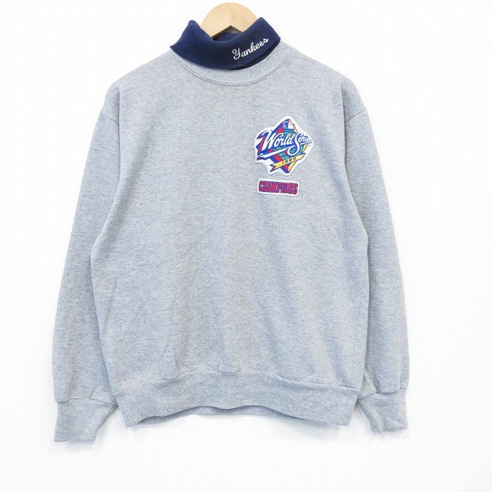 L★古着 マジェスティック 長袖 スウェット メンズ 90年代 90s MLB ニューヨークヤンキース モックネック ハイネック USA製 グレー 霜降り メジャーリーグ ベースボール 野球 25nov14