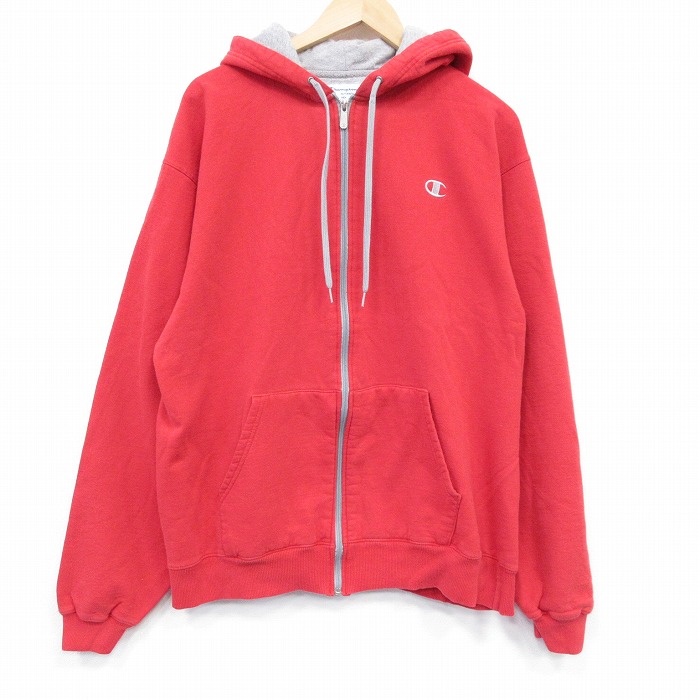 XL★古着 チャンピオン champion 長袖 フルジップ スウェット パーカー メンズ ワンポイントロゴ 赤 25nov14