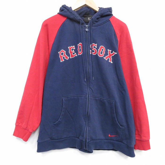 XL★古着 ナイキ NIKE 長袖 フルジップ スウェット パーカー メンズ 00年代 00s MLB ボストンレッドソックス 刺繍 大きいサイズ ラグラン 紺他 メジャーリーグ ベースボール 野球 25nov14