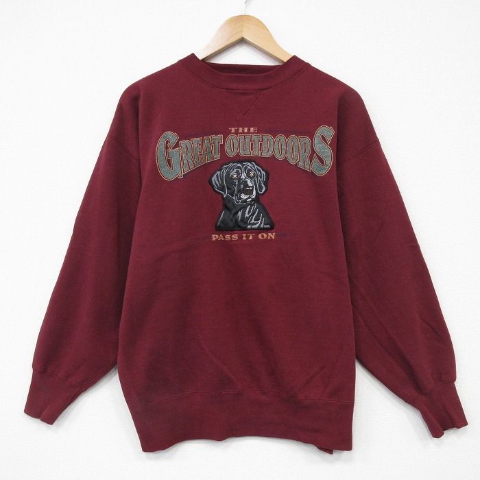 L★古着 長袖 スウェット メンズ 90年代 90s 犬 刺繍 クルーネック エンジ 25nov13