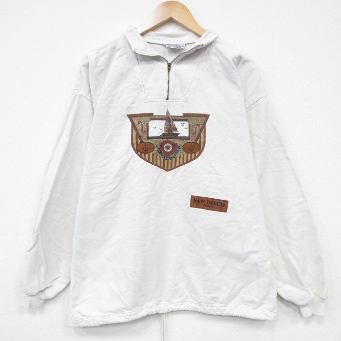 XL★古着 長袖 ハーフジップ トップス メンズ 90年代 90s ヨット 大きいサイズ コットン モックネック ハイネック 白 25nov13