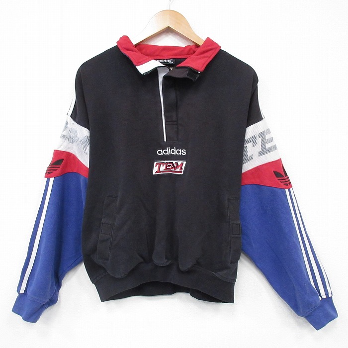 XL★古着 アディダス adidas 長袖 ハーフジップ スウェット メンズ 90年代 90s チームアディダス 大きいサイズ モックネック ハイネック 黒【spe】 25nov13