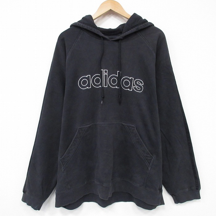 XL★古着 アディダス adidas 長袖 スウェット パーカー メンズ ビッグロゴ 大きいサイズ 黒 3本ライン 25nov13