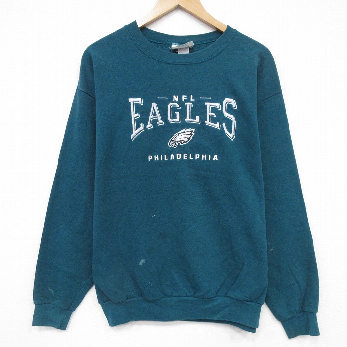 XL★古着 長袖 スウェット メンズ 90年代 90s NFL フィラデルフィアイーグルス 刺繍 クルーネック USA製 青緑 アメフト スーパーボウル 25nov13