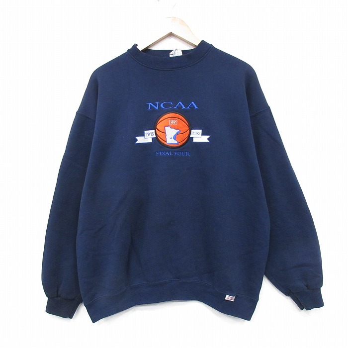 XL★古着 長袖 スウェット メンズ 90年代 90s NCAA 刺繍 クルーネック 紺 25nov13