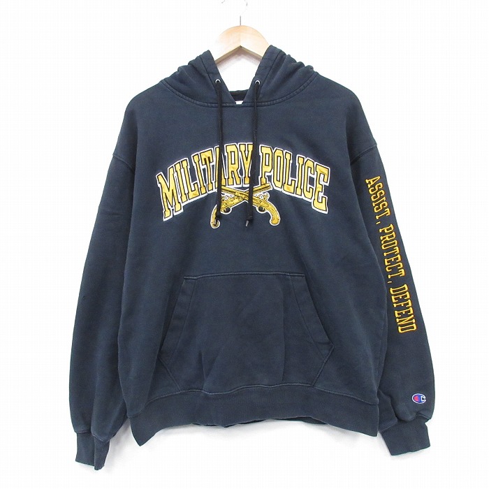 XL★古着 チャンピオン champion 長袖 スウェット パーカー メンズ 00年代 00s ミリタリーポリス 刺繍 黒 25nov13