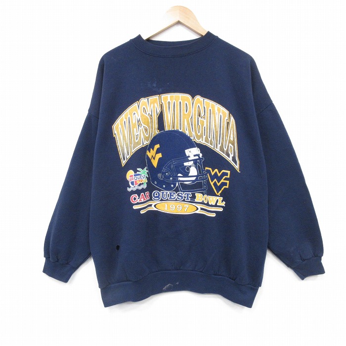 XL★古着 長袖 スウェット メンズ 90年代 90s ウエストバージニア 大きいサイズ クルーネック 紺 25nov13