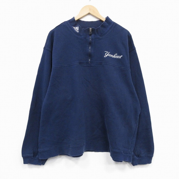 XL★古着 アディダス adidas 長袖 ハーフジップ スウェット メンズ 90年代 90s MLB ニューヨークヤンキース 大きいサイズ 紺 メジャーリーグ ベースボール 野球 25nov14