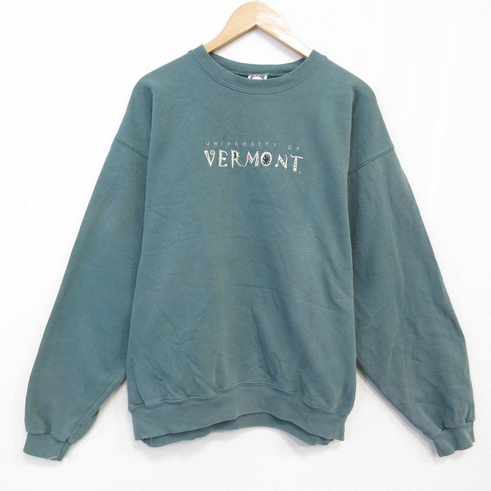 XL★古着 長袖 スウェット メンズ 00年代 00s バーモント 刺繍 クルーネック 薄緑 25nov14