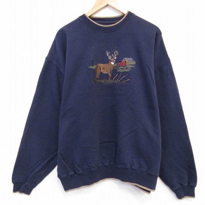 XL★古着 長袖 スウェット メンズ 00年代 00s シカ 刺繍 大きいサイズ クルーネック 紺 25nov14