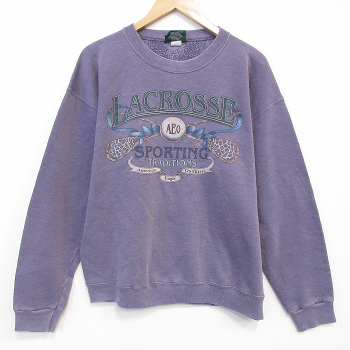 L★古着 アメリカンイーグル 長袖 スウェット メンズ 90年代 90s ラクロス クルーネック USA製 薄紫 25nov14
