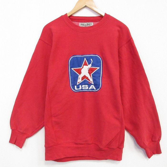 L★古着 STEVE&BARRYS 長袖 スウェット メンズ アイスホッケー クルーネック 赤 25nov14