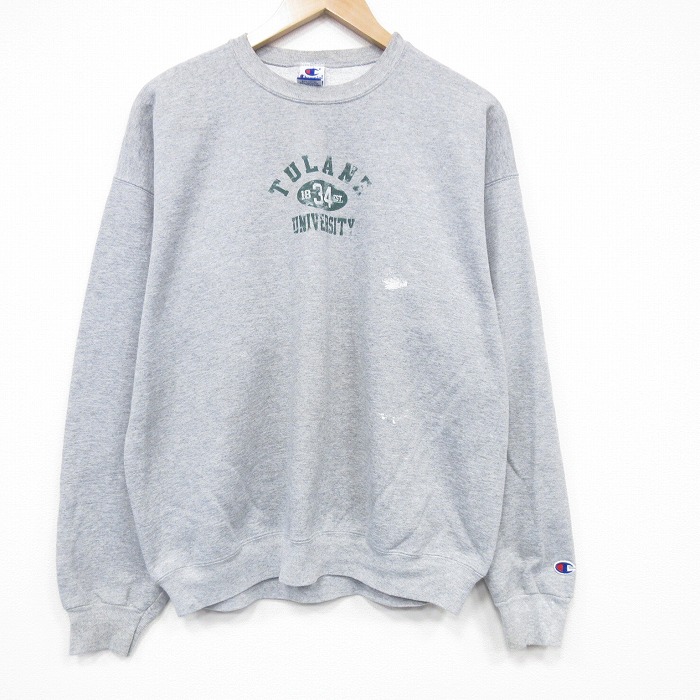 L★古着 チャンピオン champion 長袖 スウェット メンズ 90年代 90s TULANE クルーネック 薄グレー 霜降り 25nov15