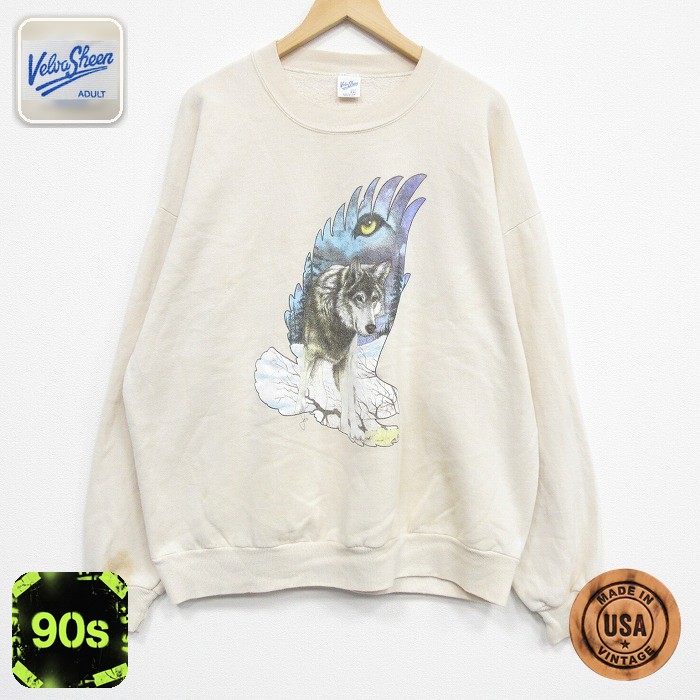 【50%OFF】90s 長袖スウェット オオカミ ベージュ XL | 古着