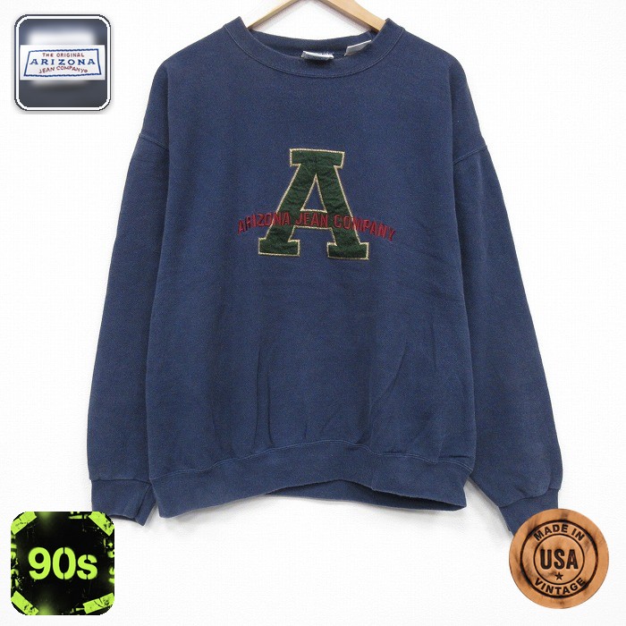 【50%OFF】アリゾナジーンズ 90s 長袖スウェット ビッグロゴ刺繍 ネイビー L | 古着