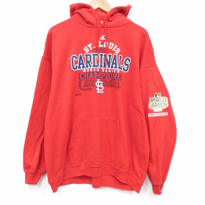 XL★古着 マジェスティック 長袖 スウェット パーカー メンズ MLB セントルイスカージナルス  大きいサイズ 赤 メジャーリーグ ベースボール 野球 25nov18