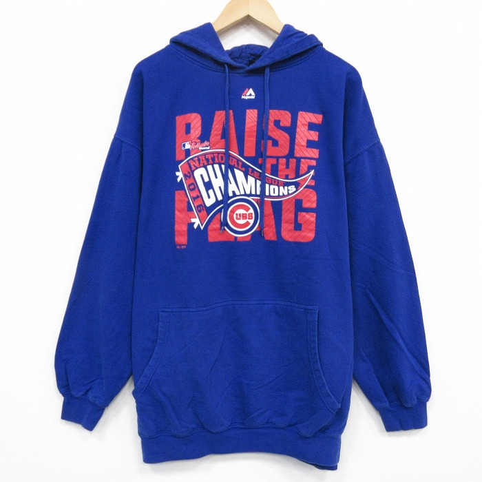 XL★古着 マジェスティック 長袖 スウェット パーカー メンズ MLB シカゴカブス 大きいサイズ ロング丈 青 メジャーリーグ ベースボール 野球 25nov15
