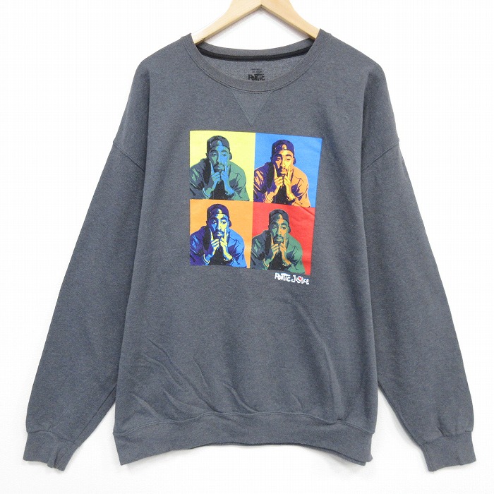 XL★古着 長袖 スウェット メンズ 映画 ポエスティックジャスティス 2パック 2PAC クルーネック 濃グレー 霜降り 25nov15