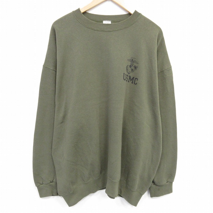 XL★古着 長袖 スウェット メンズ ミリタリー USMC 大きいサイズ クルーネック USA製 濃緑 25nov17