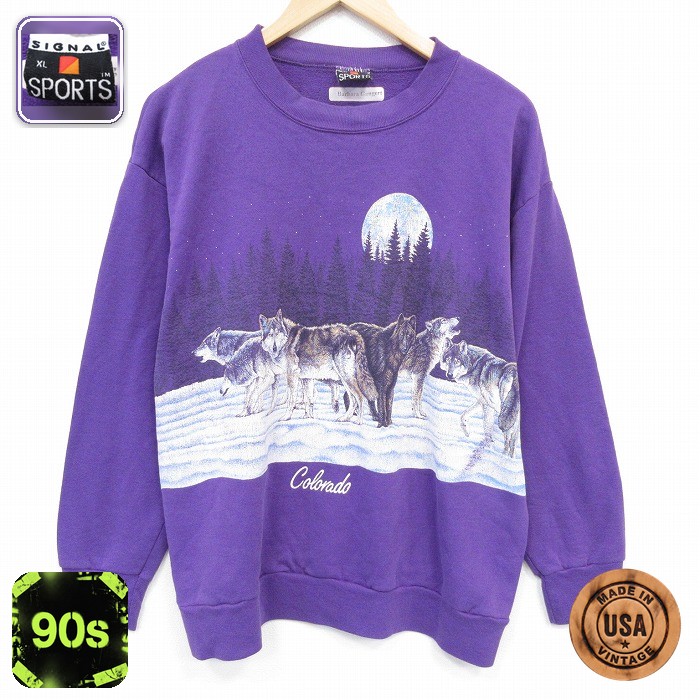 【50%OFF】SIGNAL 90s 長袖スウェット オオカミ パープル L | 古着
