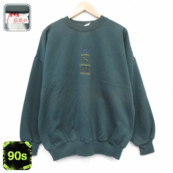 【50%OFF】90s 長袖スウェット クマ刺繍 グリーン XL | 古着