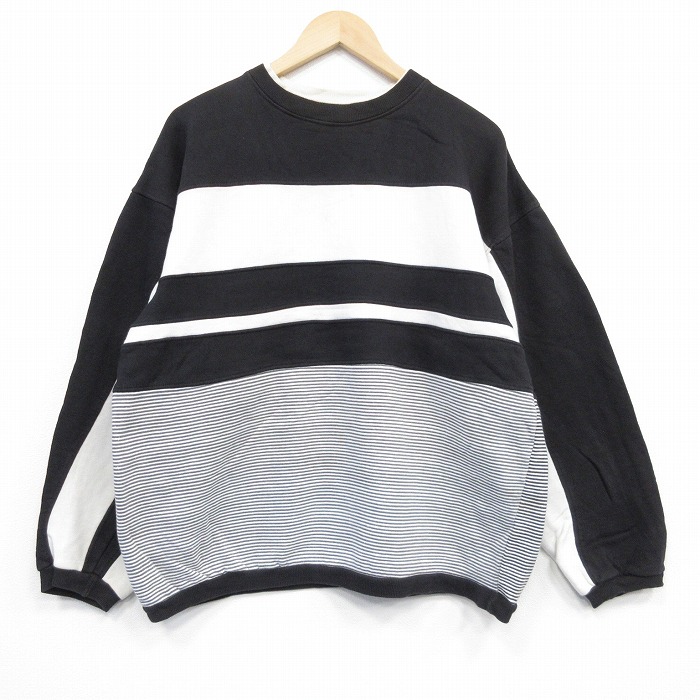 【20%OFF】L★古着 長袖 スウェット メンズ 00年代 00s コットン クルーネック 黒他 ボーダー 25nov15