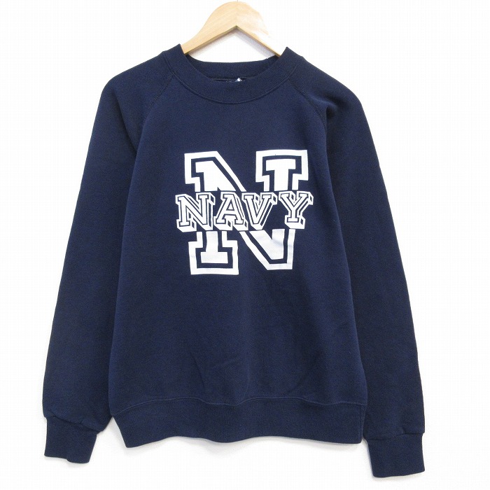 XL★古着 長袖 スウェット メンズ 90年代 90s ミリタリー ネイビー NAVY クルーネック USA製 紺 25nov17