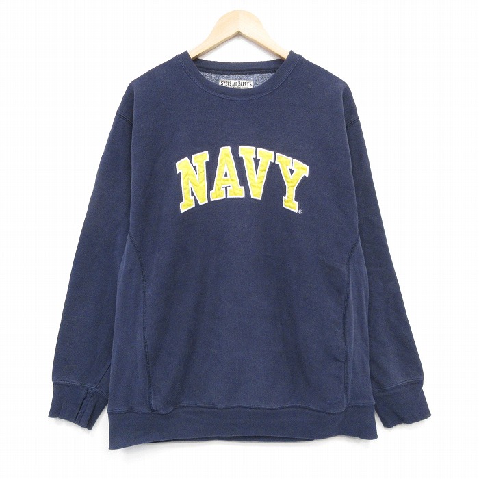 L★古着 STEVE&BARRYS 長袖 スウェット メンズ ミリタリー ネイビー NAVY 刺繍クルーネック 紺 25nov18