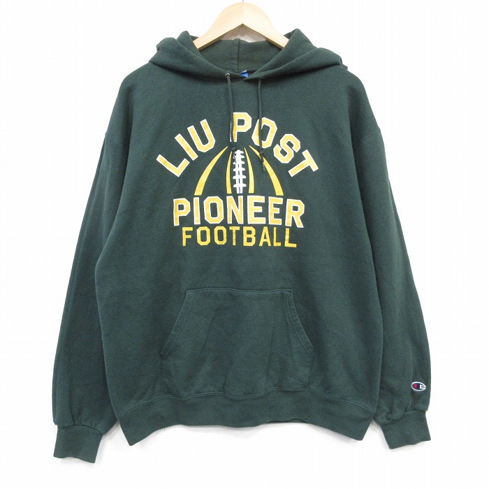 L★古着 チャンピオン champion 長袖 スウェット パーカー メンズ フットボール 濃緑 25nov18