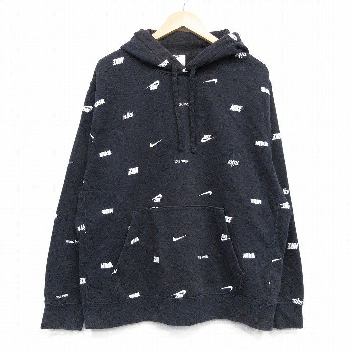 XL★古着 ナイキ NIKE 長袖 スウェット パーカー メンズ 総柄 黒 25nov18
