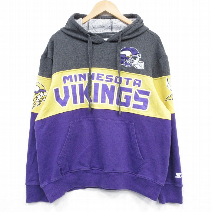 XL★古着 スターター 長袖 スウェット パーカー メンズ NFL ミネソタバイキングス 紫他 アメフト スーパーボウル 25nov18